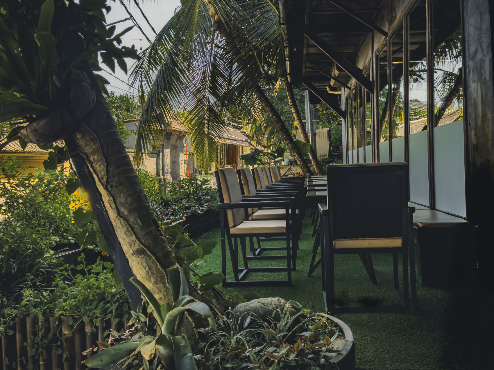 Café terrace seating on grass beside the planting and palms